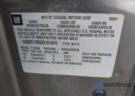 2002 Chevrolet Trailblazer Ltz z USA, uszkodzony, nr VIN 1GNDT13S322151070